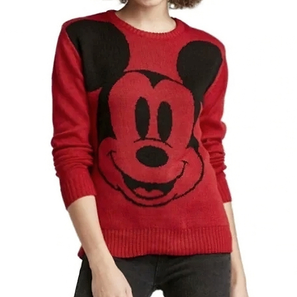 Disney Red & Black Mickey Mouse Contrast Knit Crew Neck Pullover Sweater